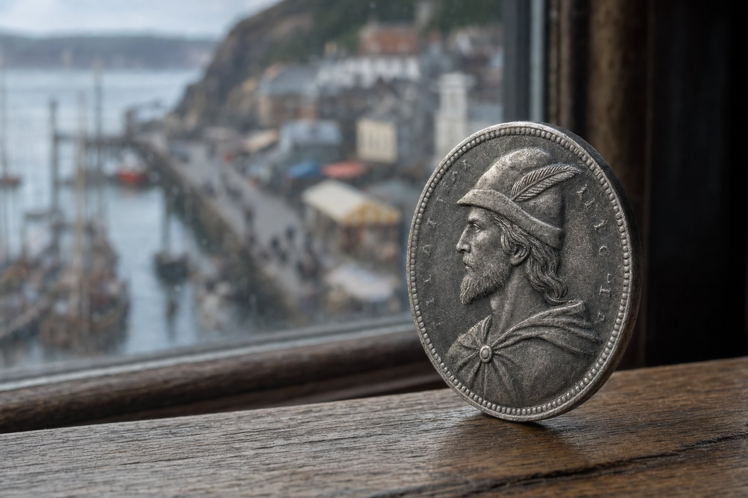 The Silver Shilling standing on its edge on a windowsill, Robin Hood in profile on its face