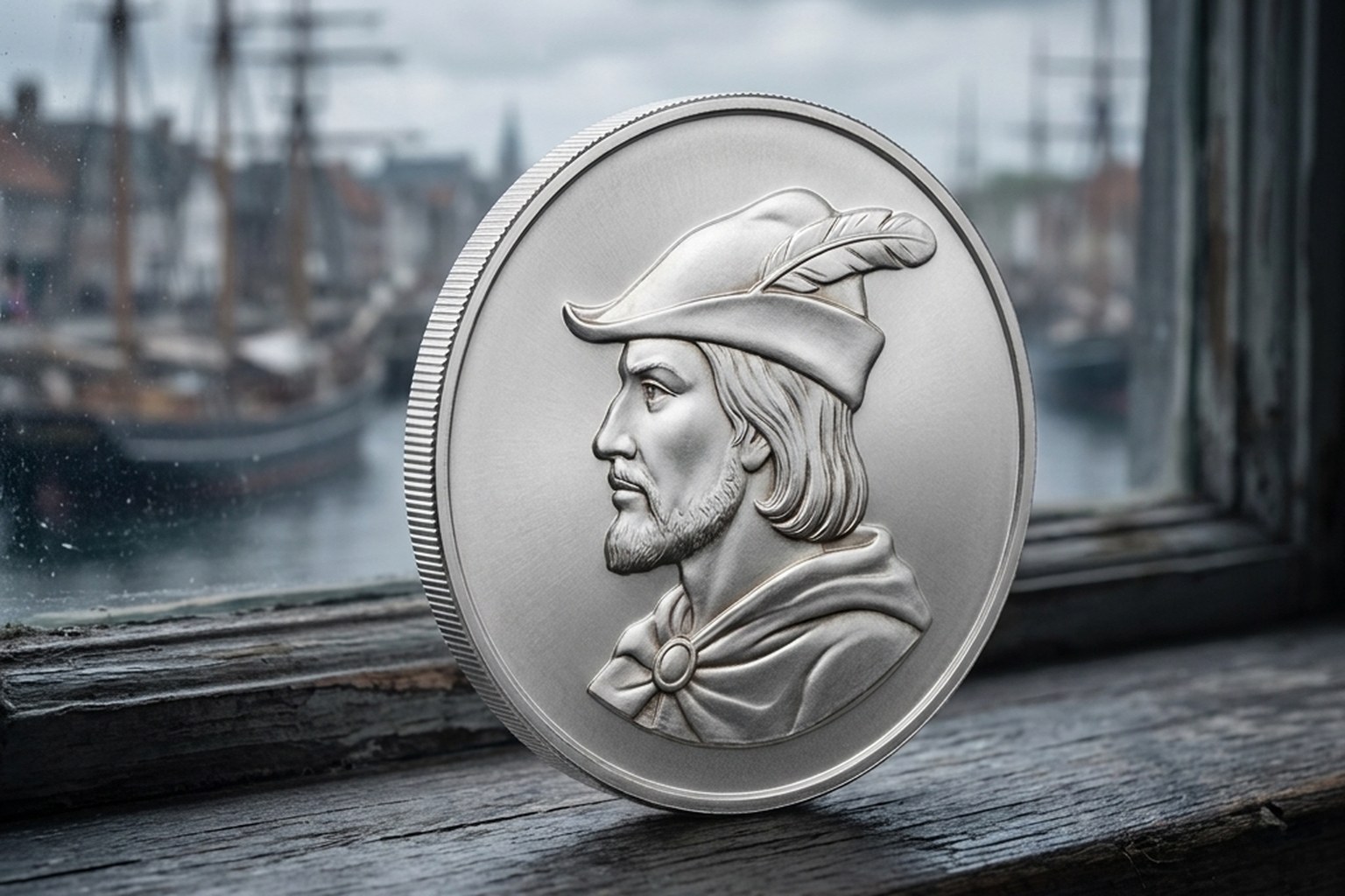 The silver shilling standing on its edge on a windowsill above a harbour.