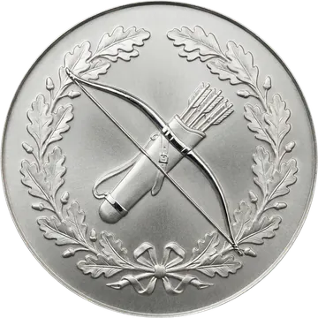 Longbow and quiver inside an oak wreath on the coin reverse