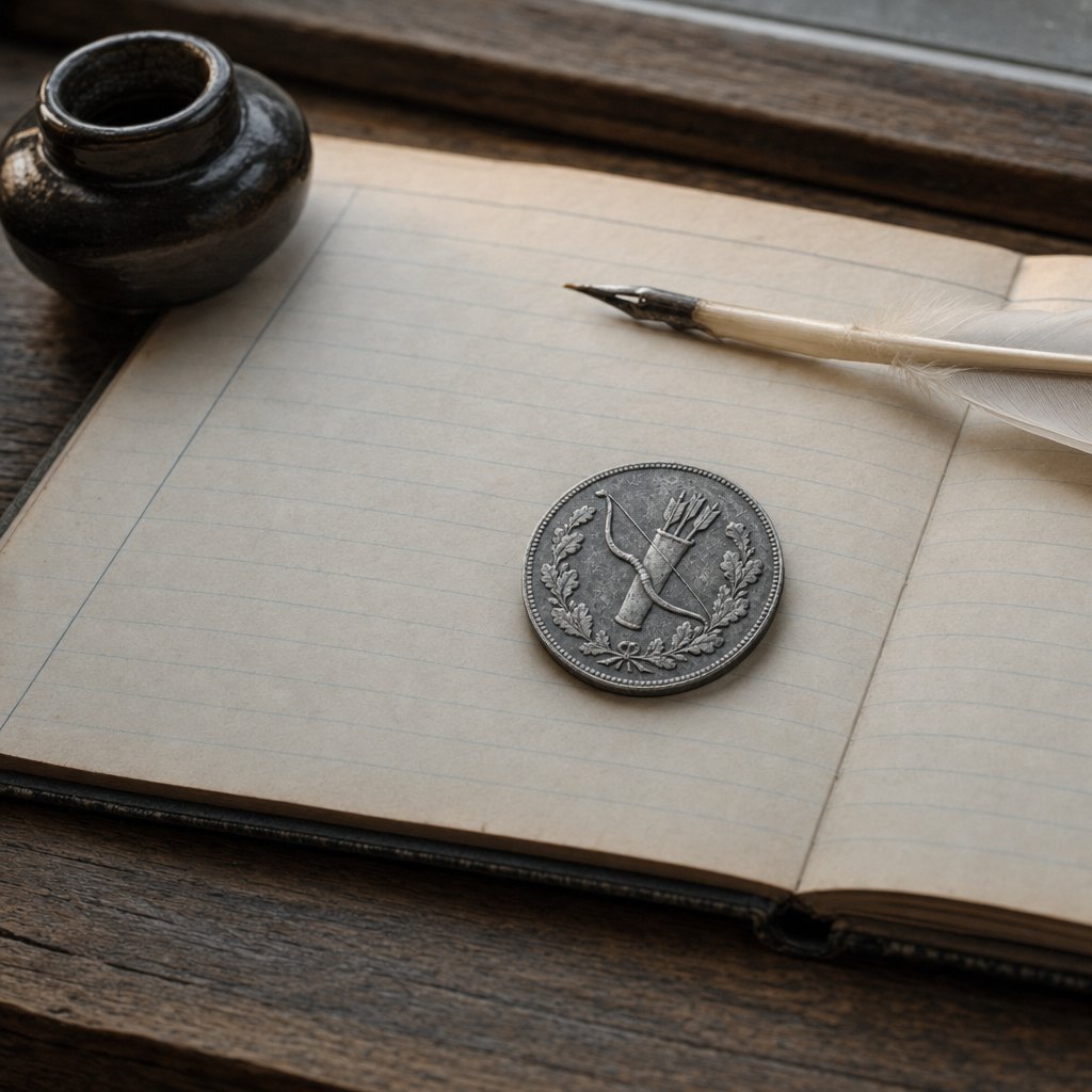 The coin on a blank ledger page beside a quill
