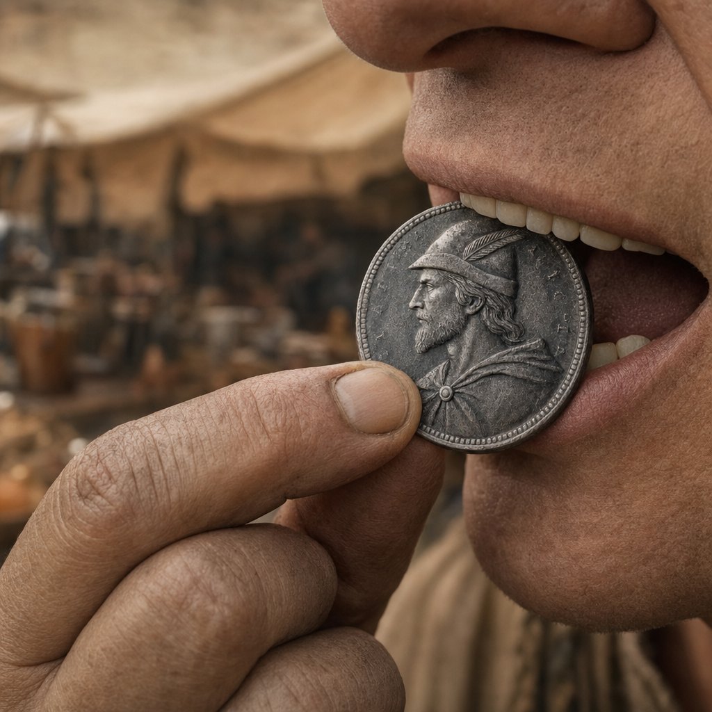 A merchant in a foreign market tests the coin between his teeth