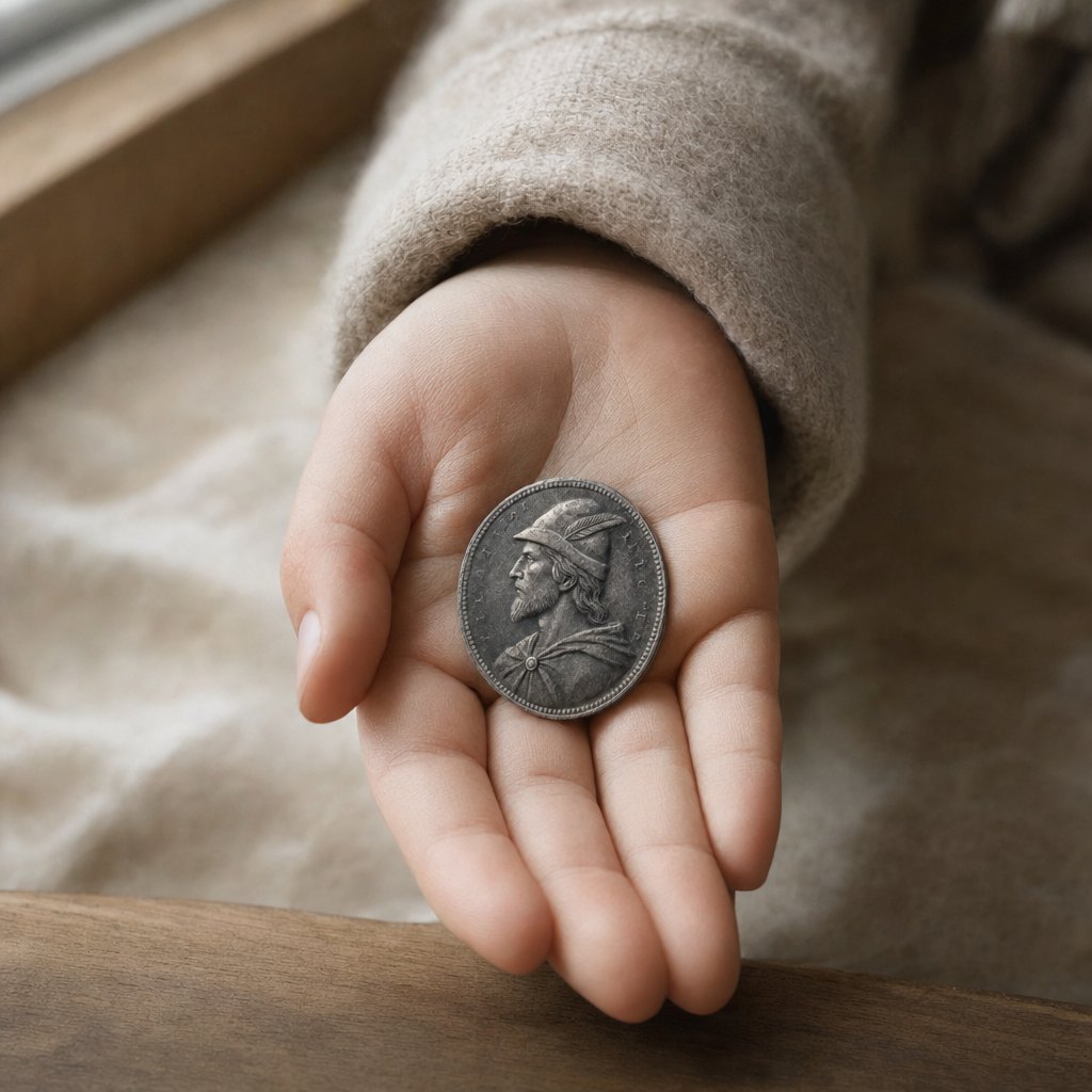 The coin in a child's open palm